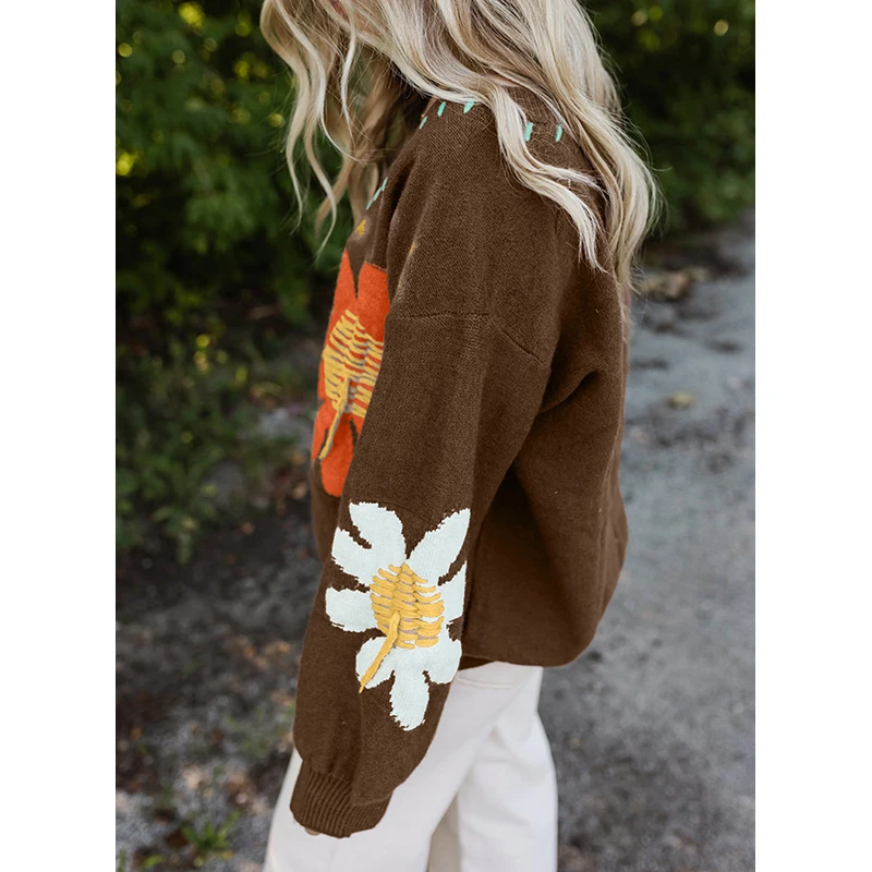 Dear-Lover Oem Odm Private Label Sweater Ladies Big Flower Pattern V Neck Drop Shoulder Sweater