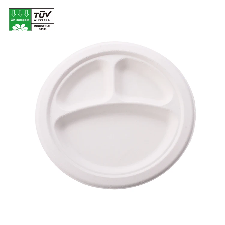 Divided Compostable bagasse sugarcane tray 3 compartment bagasse plates