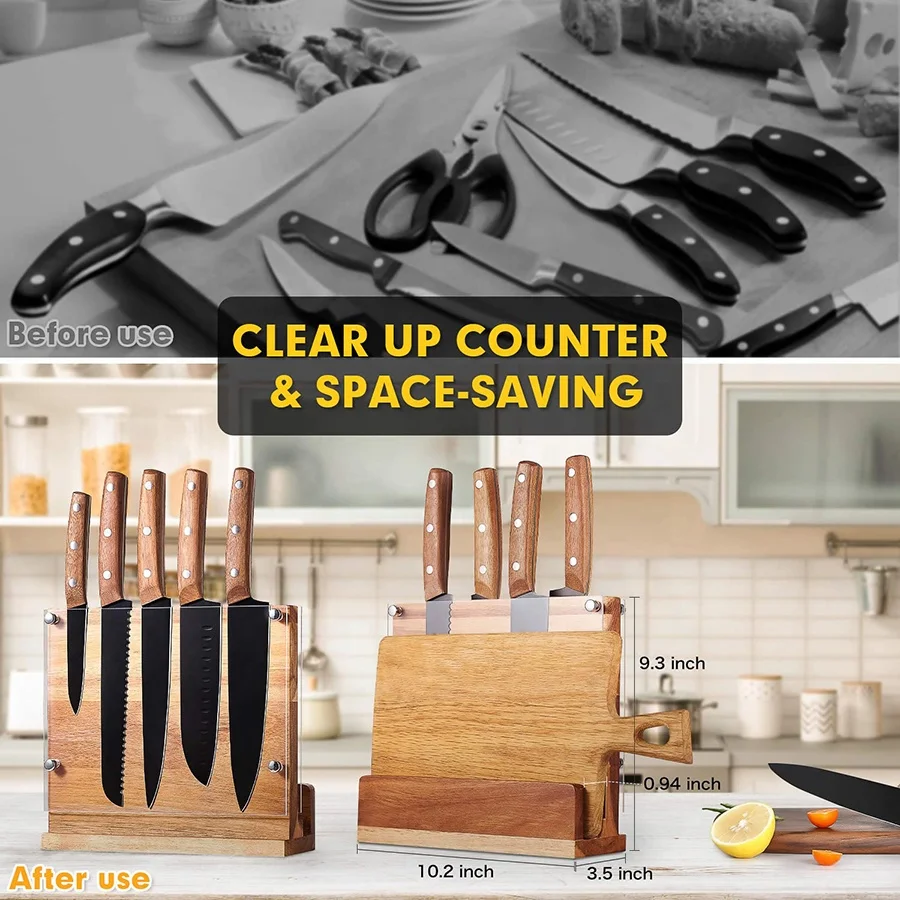 High quality black coated blade 3 rivets wooden handle knife set kitchen with block