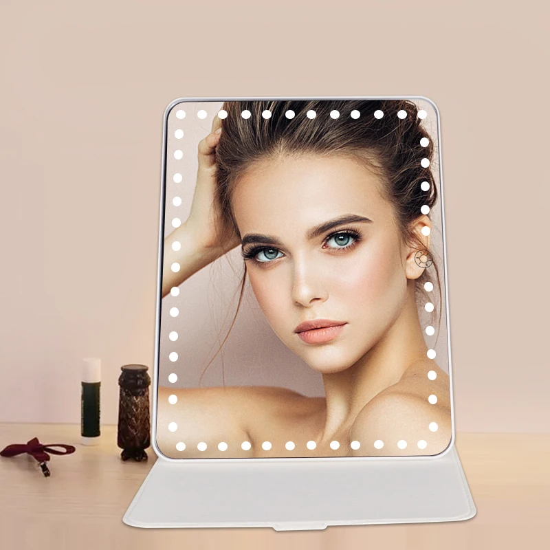 Touch Screen Three Colors Dimmable Lighted Folding Portable Travel Makeup Mirror with 98 LED Lights