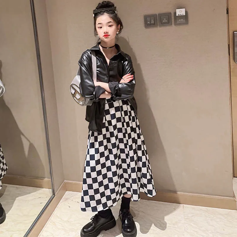 2023 New Children Girl White Black Checkerboard Print Long Skirt