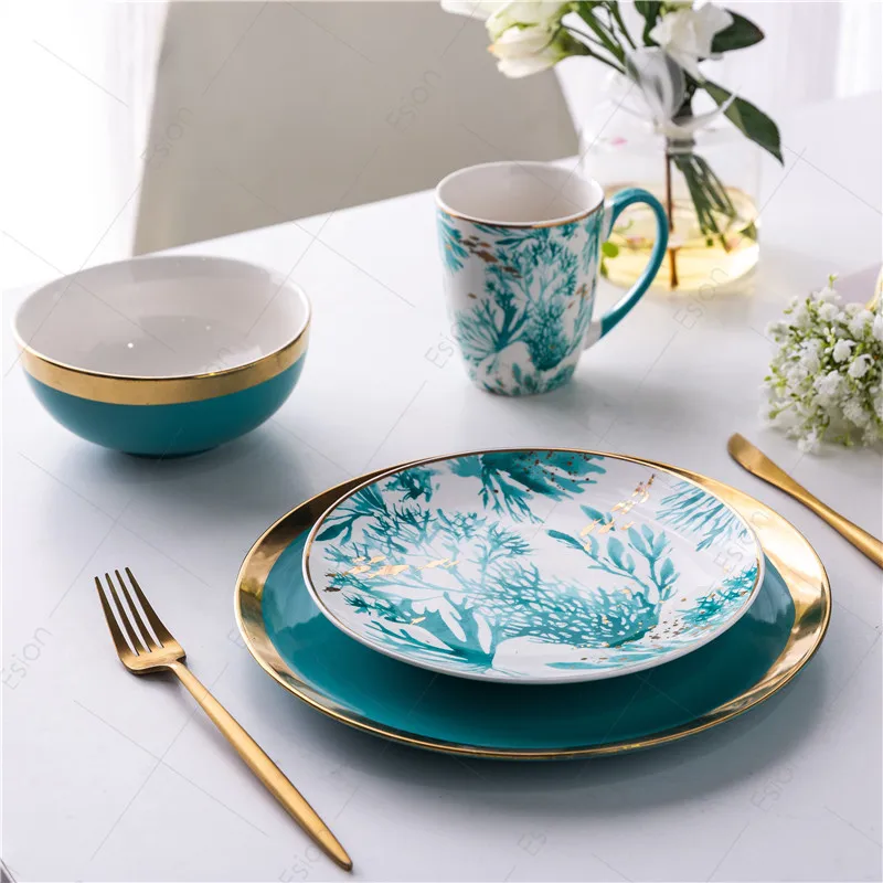 Custom Western 4 pcs green/white glazed gold brim ceramic dinnerware set porcelain dishes ceramic for weddings