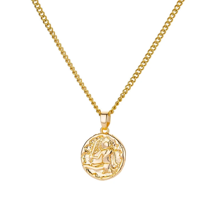 Fashion Trendy Jewelry Gold Plated Stainless Steel Round Coin Embossed Pendant Fine Zodiac Sign Charms Necklace for Women