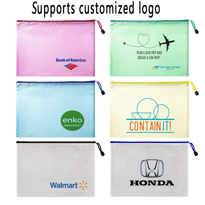 PVC waterproof transparent zipper file bag  double layer mesh zipper document bag Custom logo