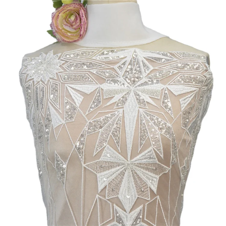 Luxury Diamond Pattern Embroidered Beaded Sequin Lace Fabric For Design