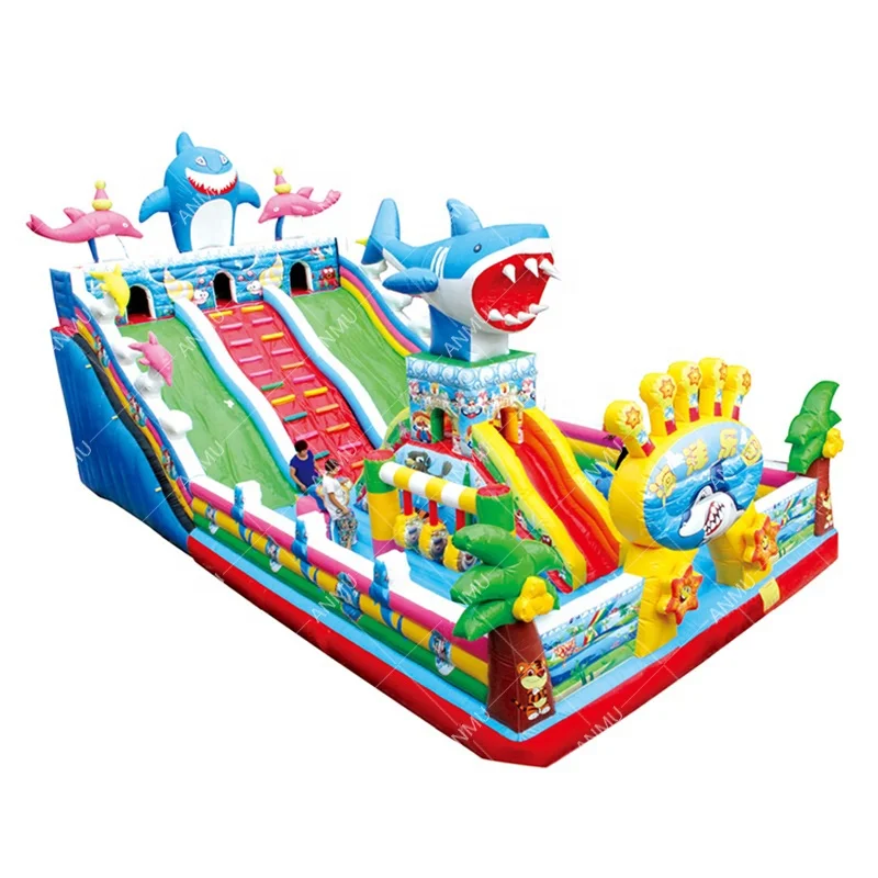 Factory wholesale 0.55mm plato PVC shark theme Inflatable castle slide Inflatable bouncer slide for kids