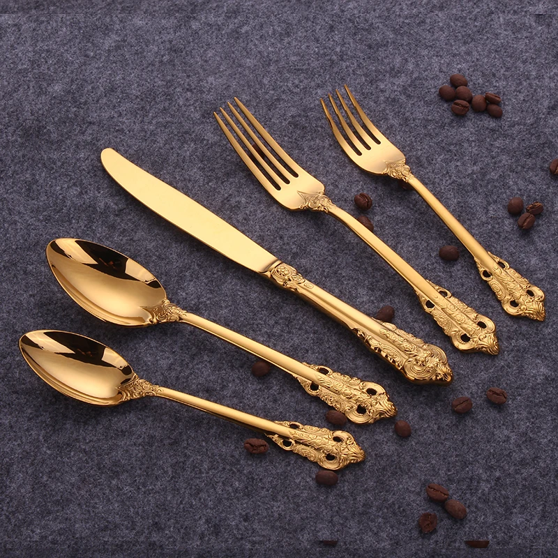 Hot Sale 2022 Royal Luxury Mirror Polish Gold Embossed Handle Stainless Steel Flatware Cutlery Set