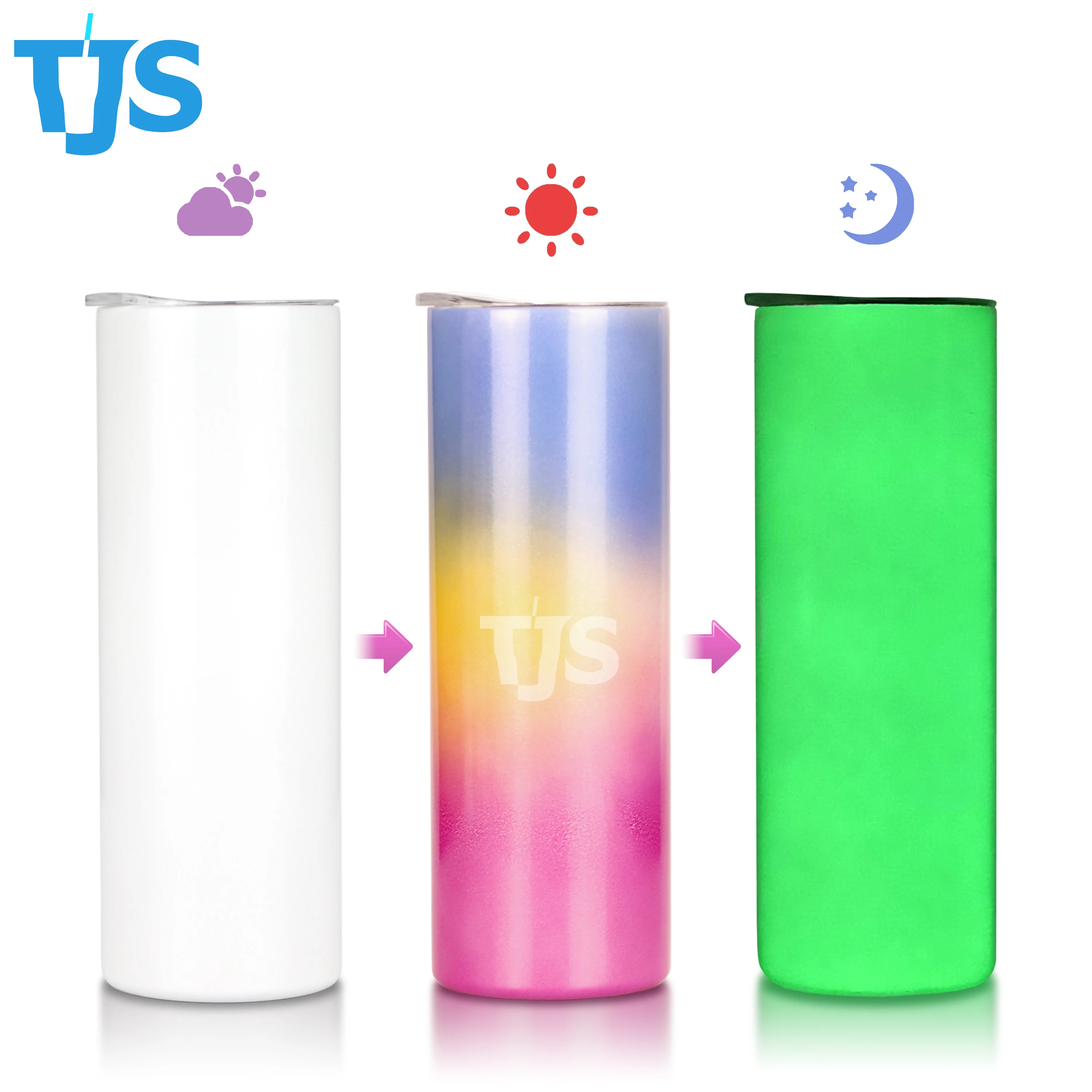 TJS NEW PRODUCT 3 colors UV change Gradients 20 oz skinny straight sublimation tumblers glow in the dark sublimation tumbler