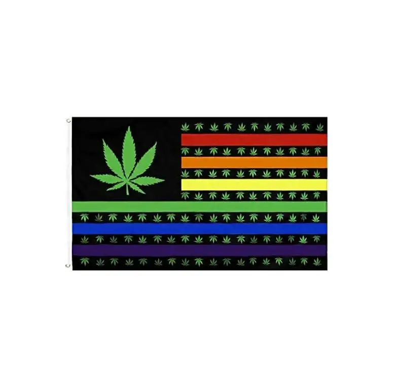 Hot Selling Free Sample Green Leaf Rainbow 100% Polyester canada Weed  leaf Flags Group Activities