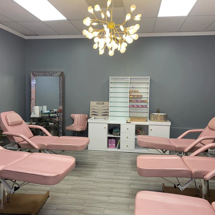 Gold double sink cabinet polish rack with glass shelf for beauty salon CB-NK013