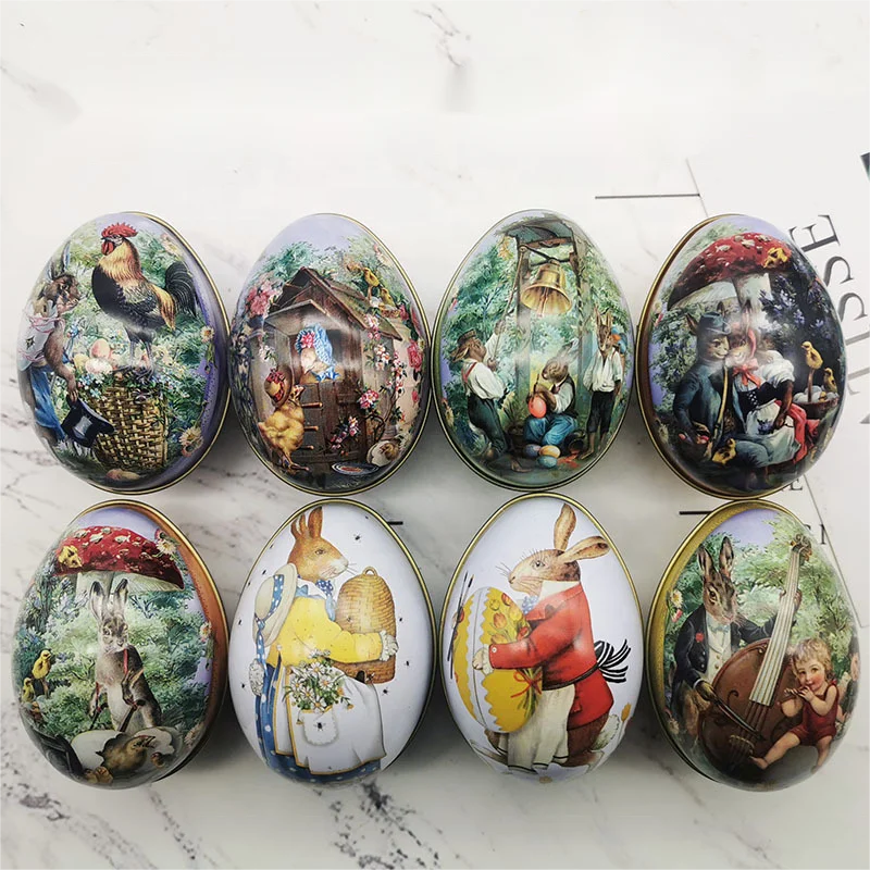 CIVI Easter Party Tin Box For Candy Chocolate Packing Metal Egg-Shaped Box With Bunny Rabbit Family Ornament