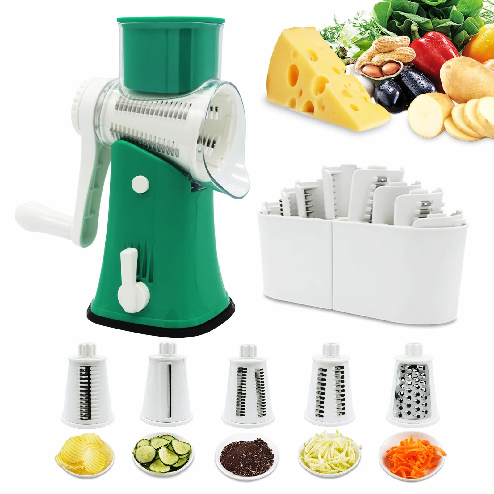 Fast Cleaning Manual Rotary Cheese Grater 5 In 1 Kitchen Grater Vegetable Slicer Cheese Shredder With Handle For Christmas
