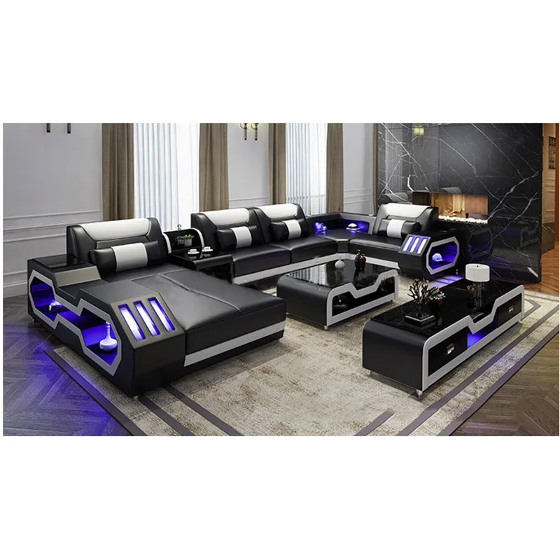 furniture factory provided living room sofas modern style genuine leather sofa  u shaped corner sofa design Led light set ly001