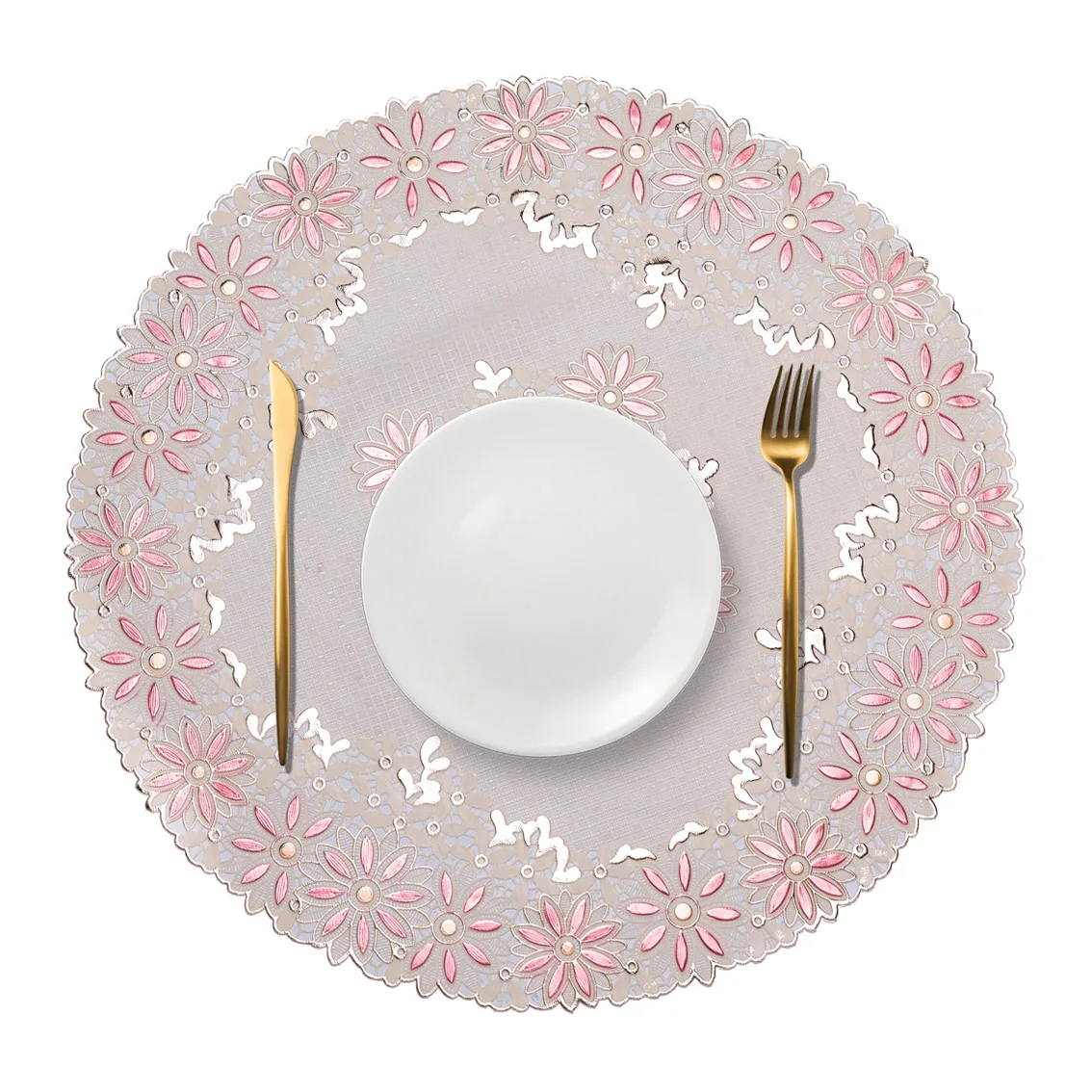 round flower design latest printing fabric PVC lace doilies