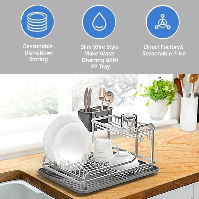 2 tier cabinet capacity storage and simple human kitchen dish drainer dish drying rack aluminium with cutlery cup