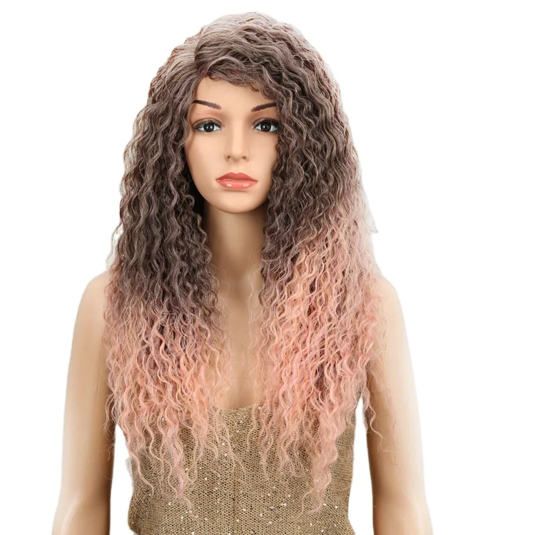 Alibaba express Noble gold synthetic hair ombre hair color long length kinky curly wave beautiful color lace front wig