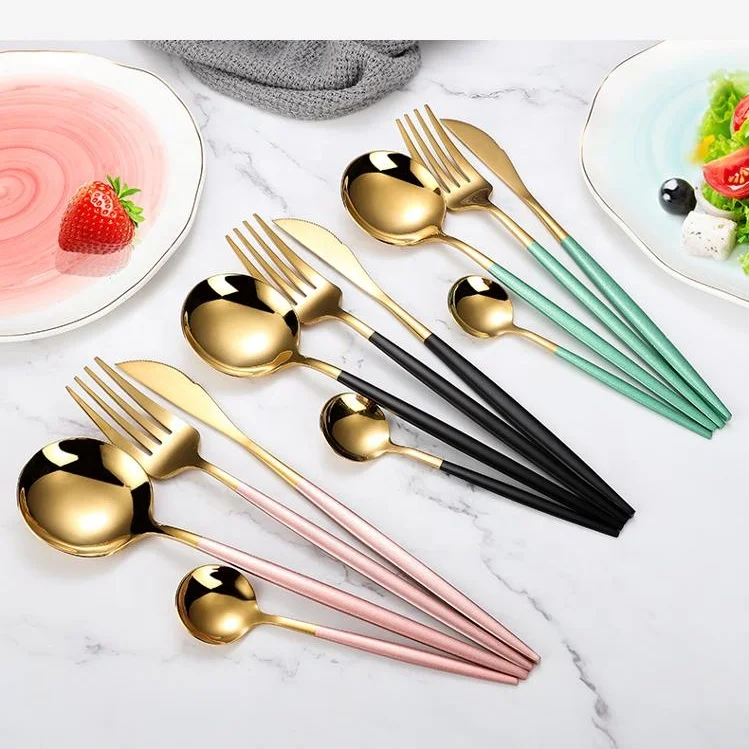 New Thin Light Dinnerware Design Gold Plated Stainless Steel Silver Cutlery Spoon Fork Sets for Home