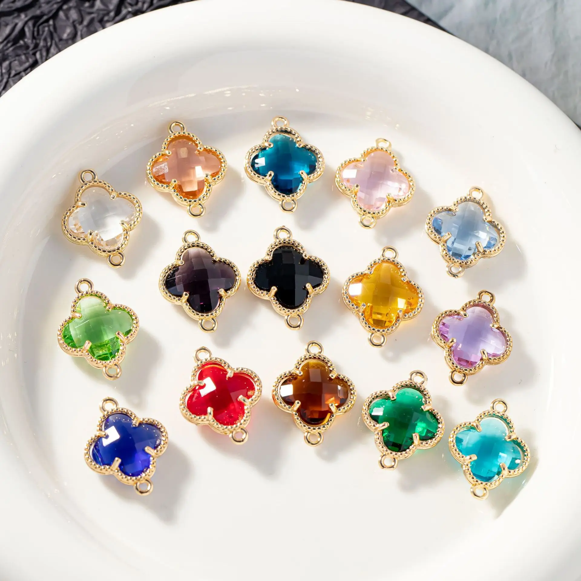 Double-Hole Four-Leaf Clover Pendant Color Crystal Gold Plating DIY Accessories Bracelet Necklace Earrings gold plated jewelry