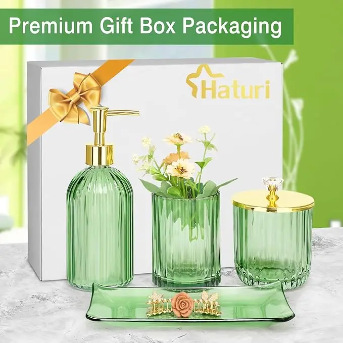 2024 Bathroom Accessories Set, 4 Pcs Green Glass Bathroom Accessories Sets Complete w/Lotion Soap Dispenser, Toothbrush Holder