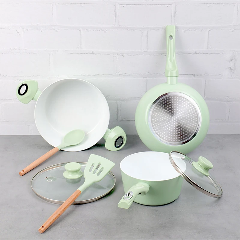 Home Kitchen Forged Aluminum Healthy Ceramic Pots and Pans Cookware Set 7-Piece Set Frying Pan Saucepan with Lid Soup Pot