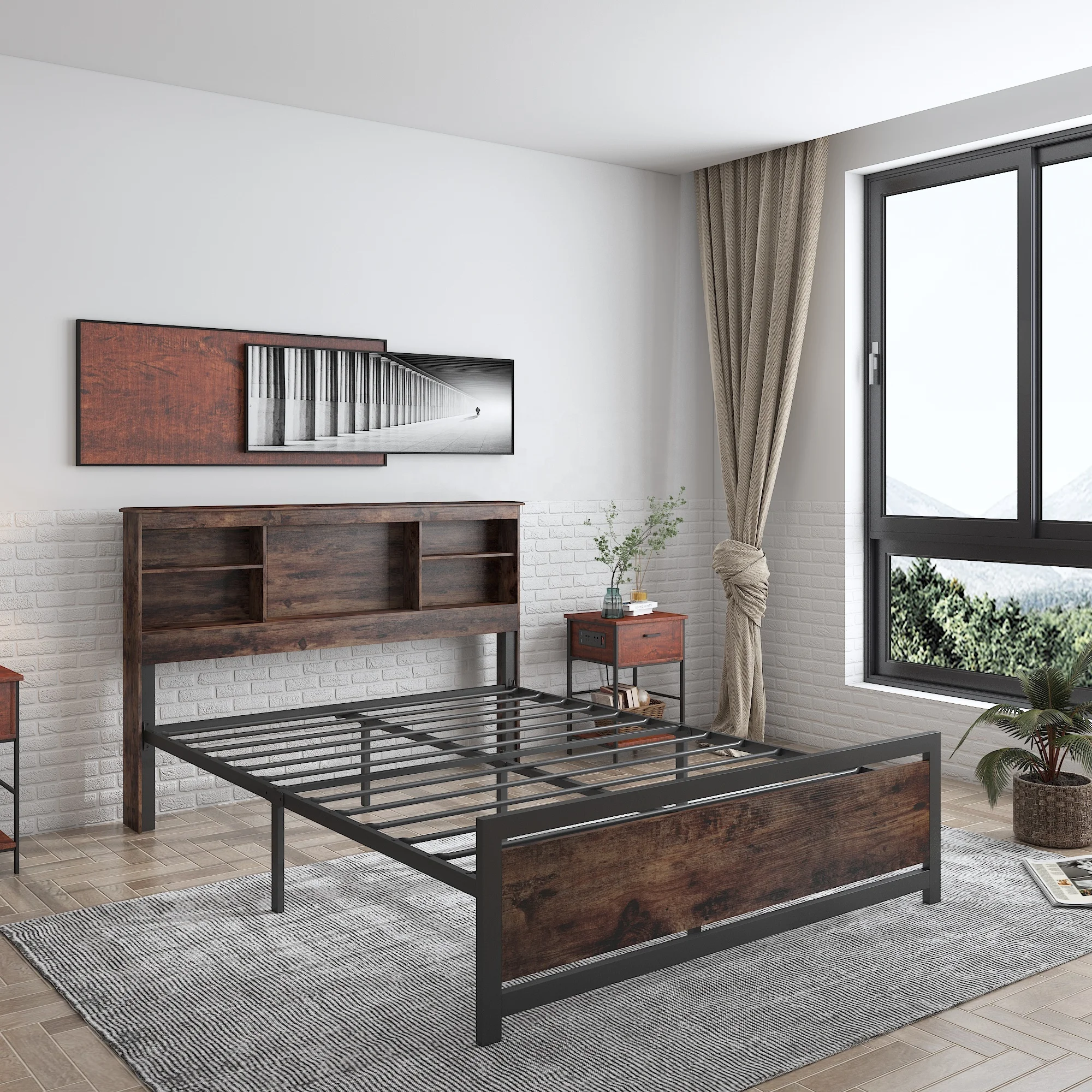 Wholesale Metal Twin Full Queen King Bed Frames With Storage Dormitory Wood And Metal Platform Bed Frame