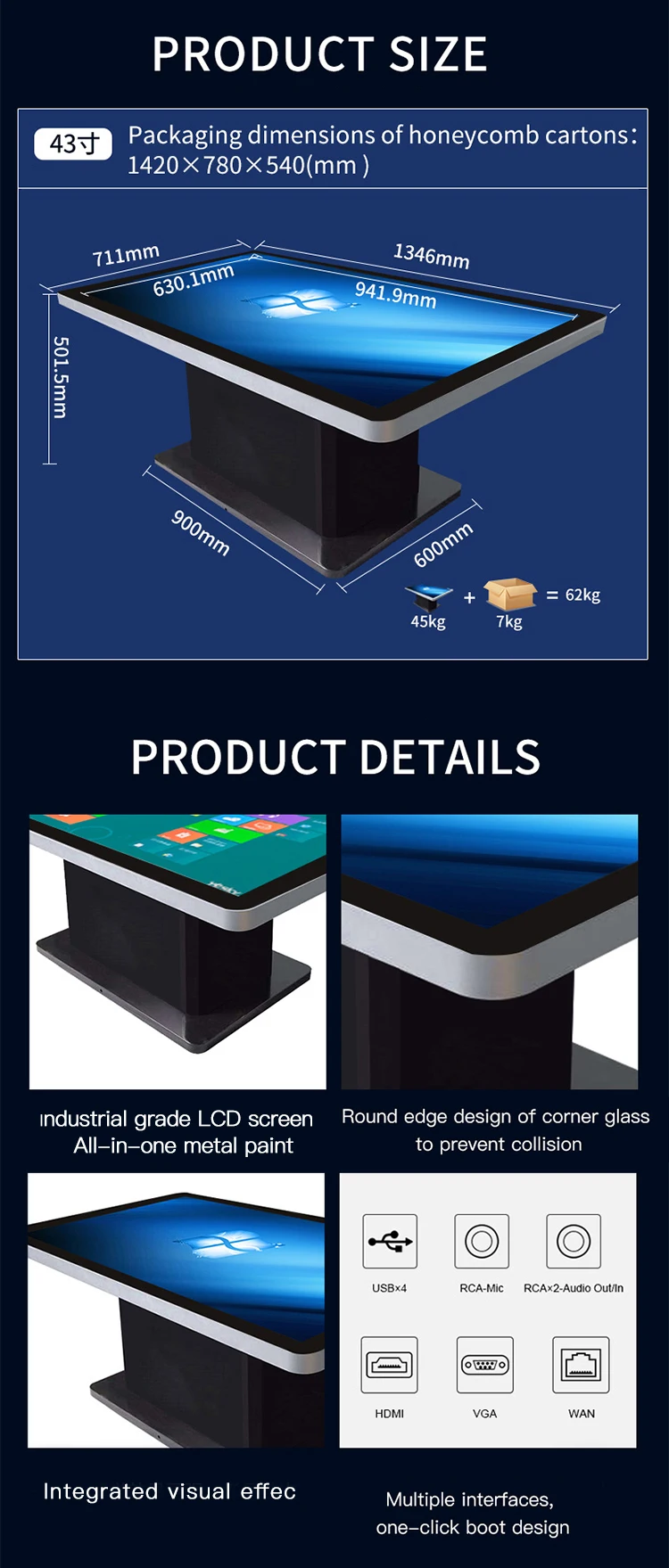 43inch Fashion Smart Home Design Digital Times Multi Touch LCD Screen Interactive Coffee Table