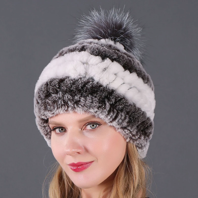 Good Quality Hats With Fur Balls Winter Fur Hat  For Women