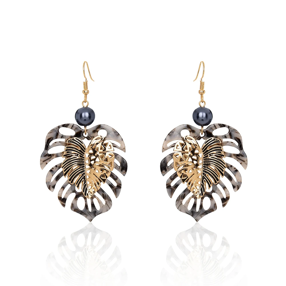 SophiaXuan Holiday Acrylic Earrings Pearl Dangling Gold Plated Leaf Pendant Hawaiian Earrings