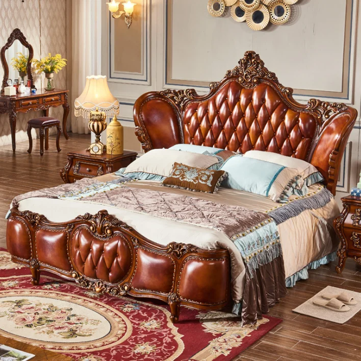 Wooden American leather bed oak carved European luxury villa 1.8 M double leather bed