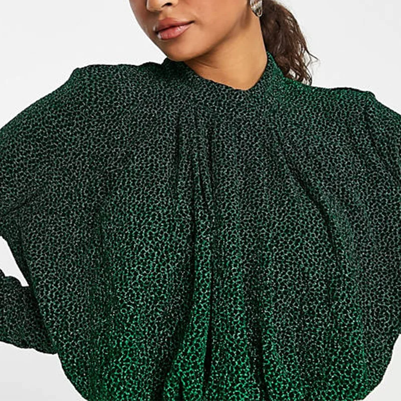 Fashion Office Lady Green High Neck Long Sleeve Ruched Front Midi Dress