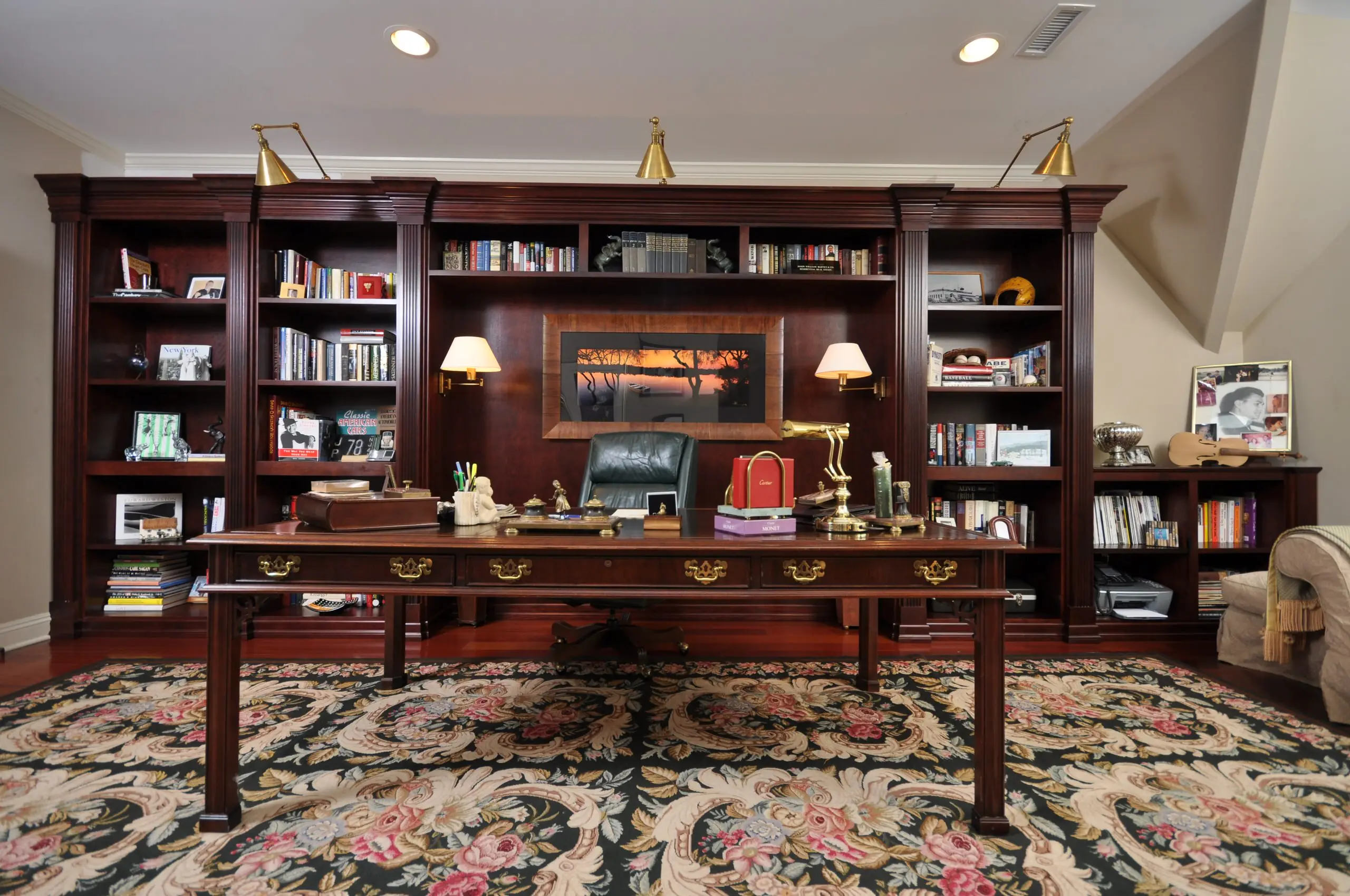 Antique luxury Classic Furniture Natural and Black Solid Wood library study Bookcase whole wall bookshelf and wall panel study