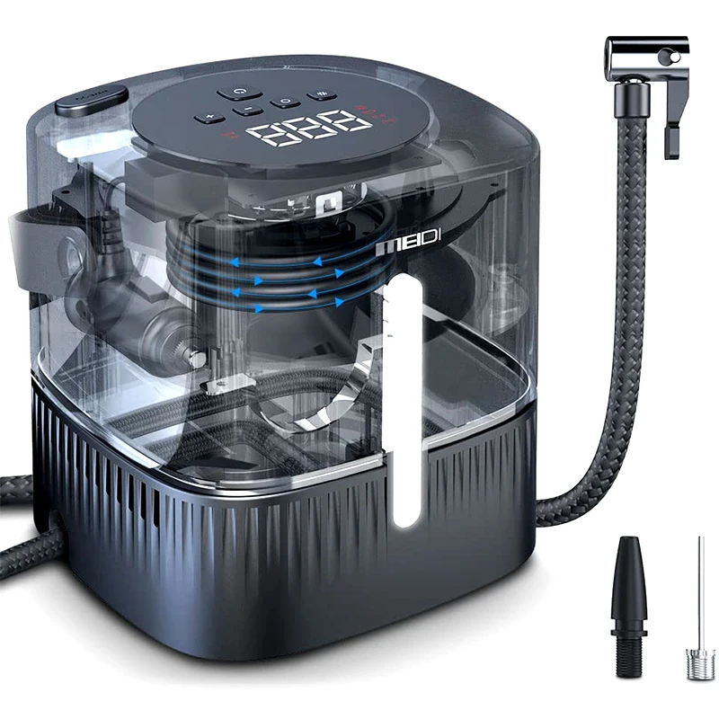 Professional Factory Wholesale Compact Size Pressure Display Tangle-Free Portable Black Tire Inflator with Bright LED Light