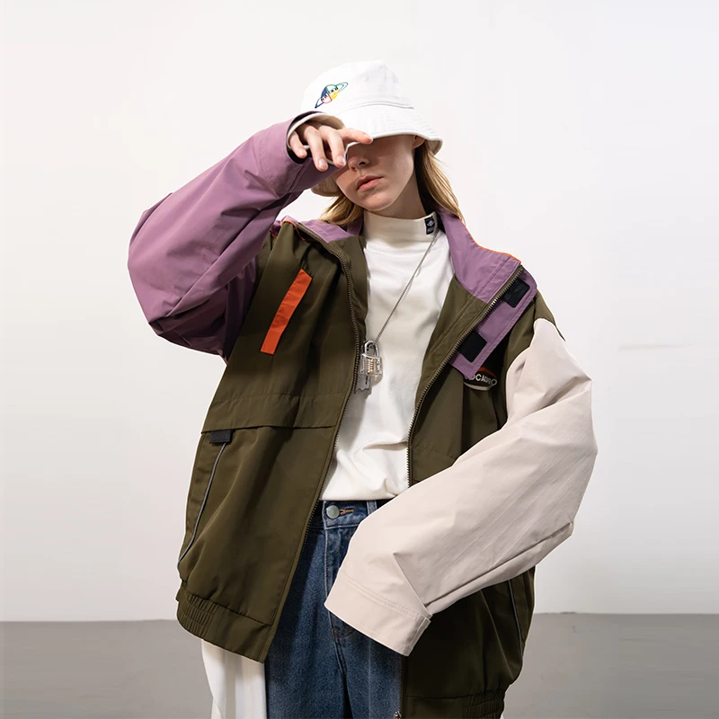 Fancy Color Block Patchwork Outwear Custom Windbreaker Hip Hop Streetwear Unisex Varsity Urban Cargo Bomber Jacket For Men