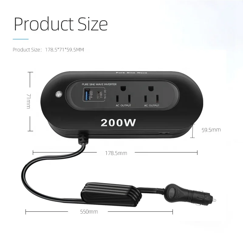 Mini Portable Car Power Inverter vehicle mounted intelligent Lithium battery car inverter 12V to 110V 200W sine wave inverter