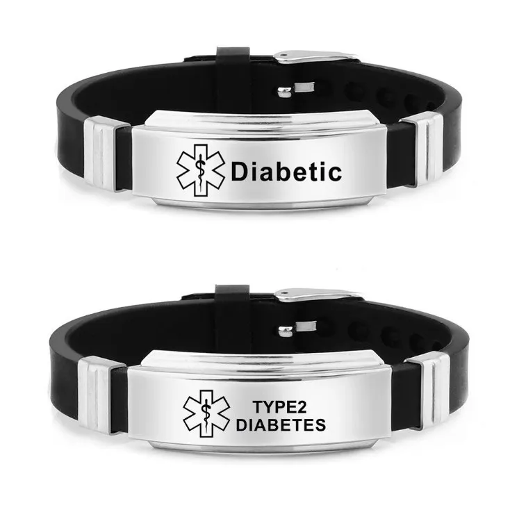 NEULRY Wholesale Medical Diabetic Alert  Stainless Steel Engraved Black Silicone Adjustable  Bracelet