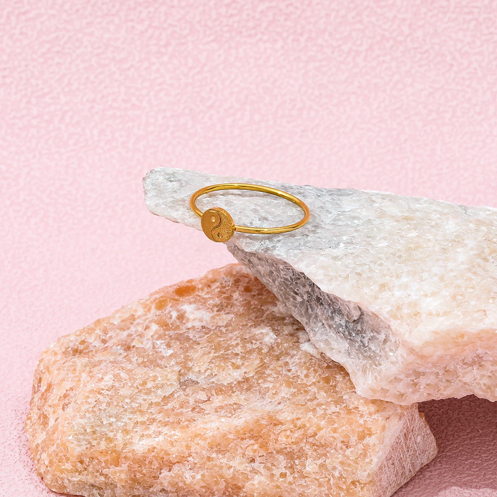 Joolim Jewelry Wholesale 18K Gold Plated Sand Finish Tai Chi Stainless Steel Ring for Women Dainty Ring