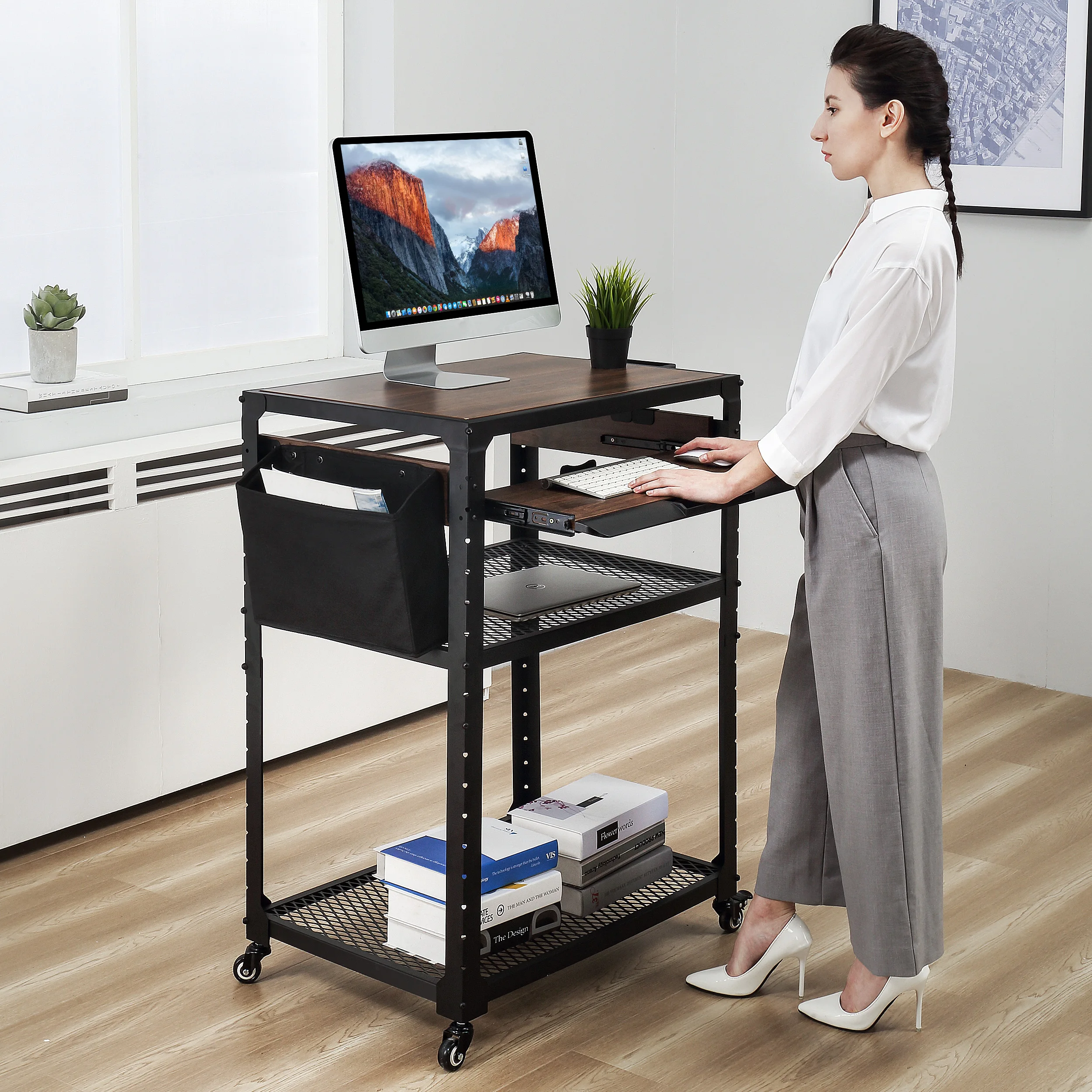 Office Computer Printer Stand Trolley Lecture AV Cart with Rolling Caster and Shelf
