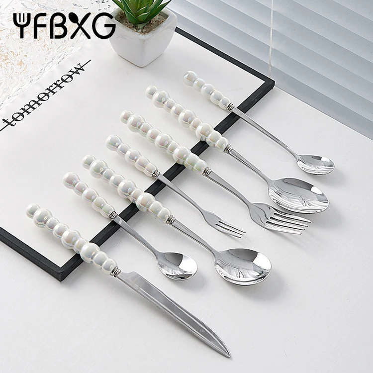 Wholesale new utensils flatware stainless steel cutlery knife fork spoon set with ceramic pearl handle