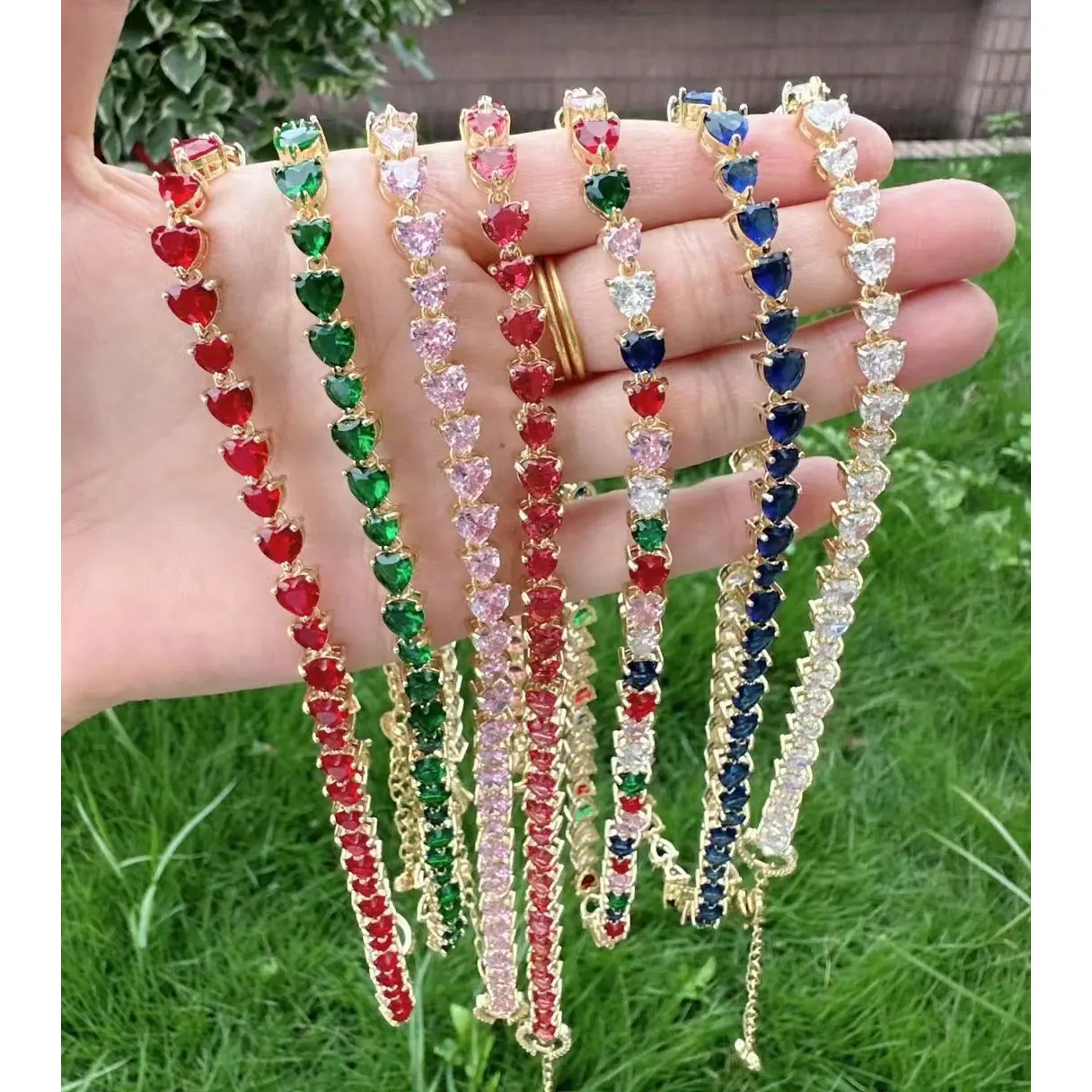 Fancy 18k gold plated CZ heart tennis bracelet dainty cubic zirconia crystal heart tennis necklace women fashion jewelry set