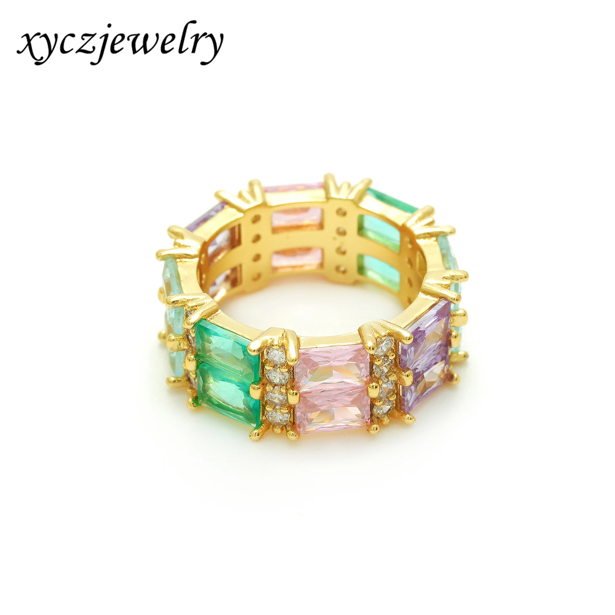 Luxury American style jewelry 18K gold colorful Artificial zircon baguette finger ring