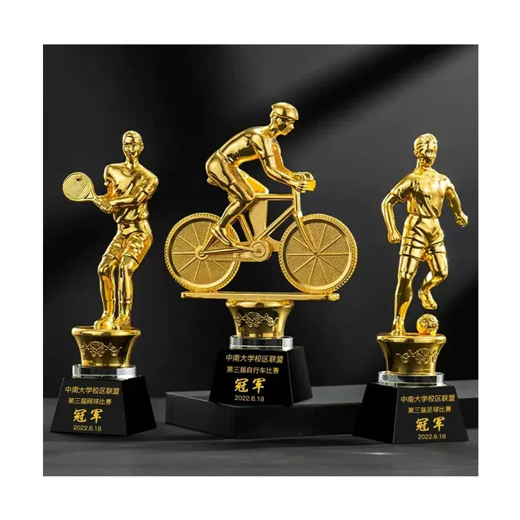 Custom Sports Award Football Metal Cycling Statue Gold Sport Trophy Cups With Black Crystal Glass Base Supplies