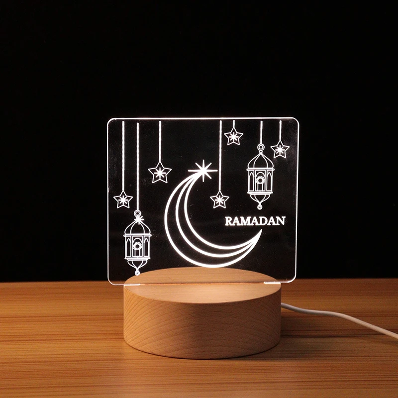 Creative Muslim Islam Religious Series With Natural Wood Base  Night Light  Room Decor 3D Acrylic Warm Color LED Gift Lamp