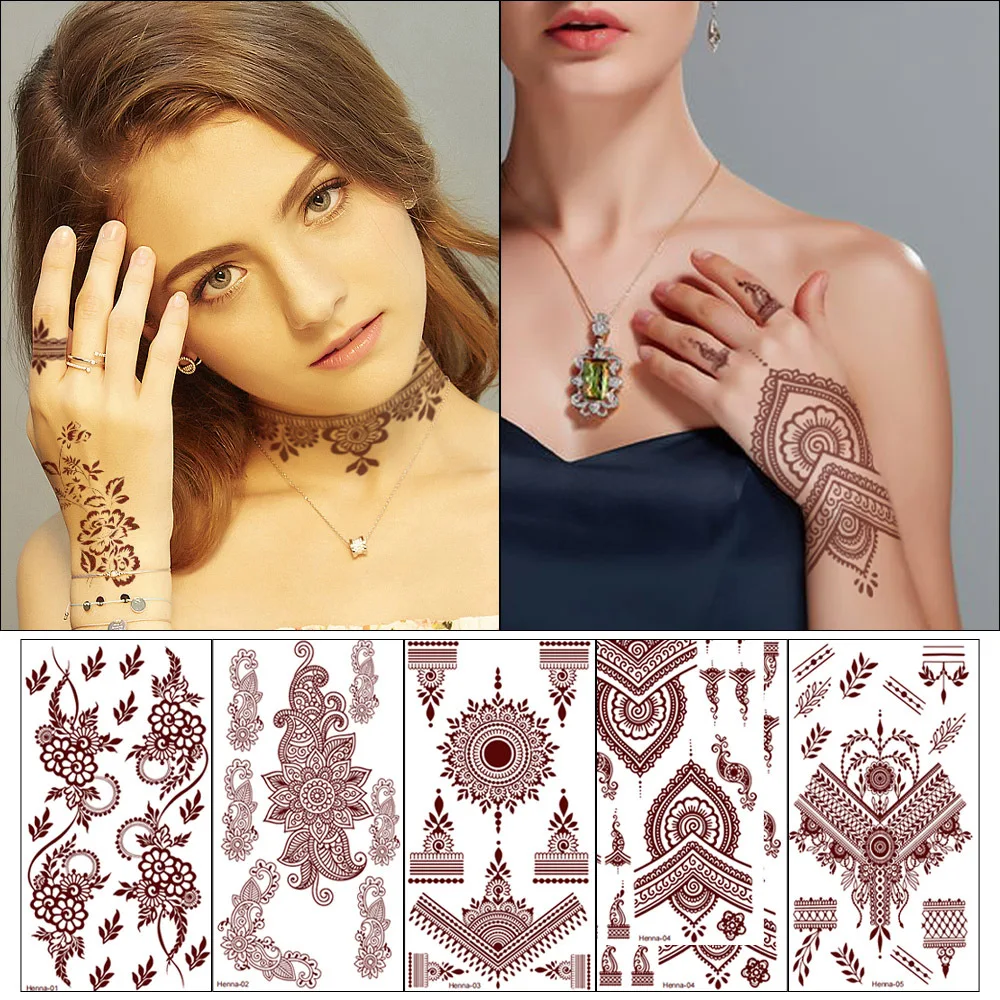 Высококачественные красные коричневые Mehndi водонепроницаемые временные наклейки для татуировки хны для рук