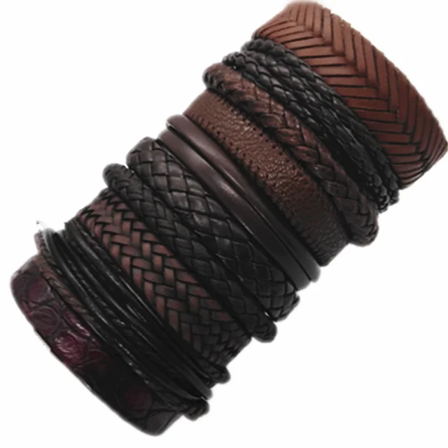 Men Brown Bracelets 10pcs/set Wrap Woven Fashion Handmade Men Bracelets Women Leather Bracelet Men Bangle Wholesale Jewelry Gift