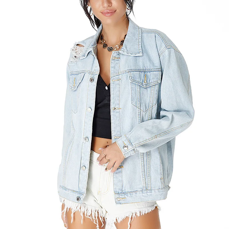 
Fashion Casual Blue Long Denim Jaket Women Ripped Jean Jacket 