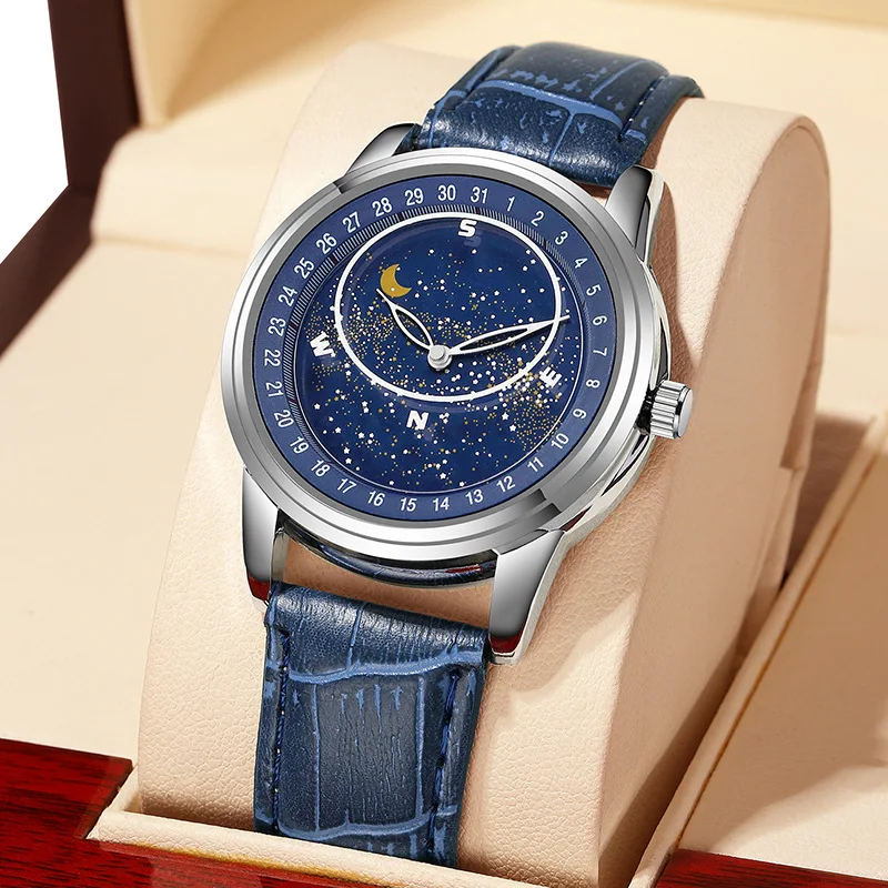 2023 Hot sale New Starry Casual Mens Leather Strap Quartz Wrist Watches With Luminous