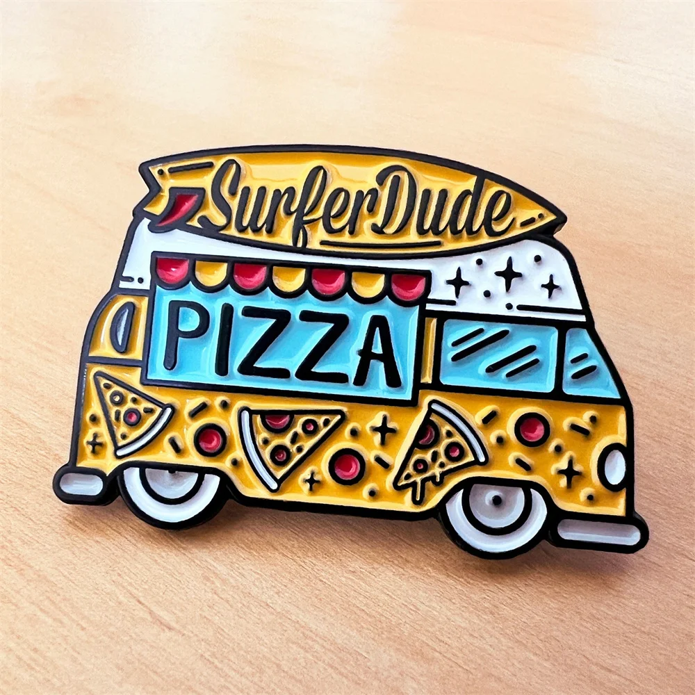 SurferDude грузовик для пиццы Campervan эмалированный значок пользовательские булавки