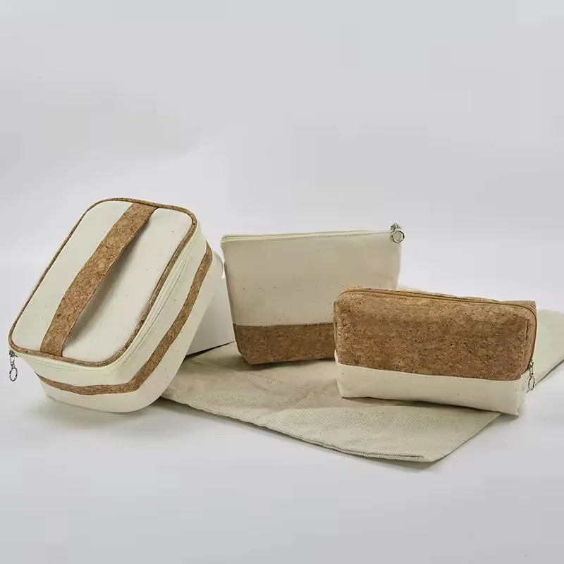 Primary Color Wood Grain Pattern Canvas Travel Toiletries Storage Bag Set Eco-friendly Cork Cosmetic Bag