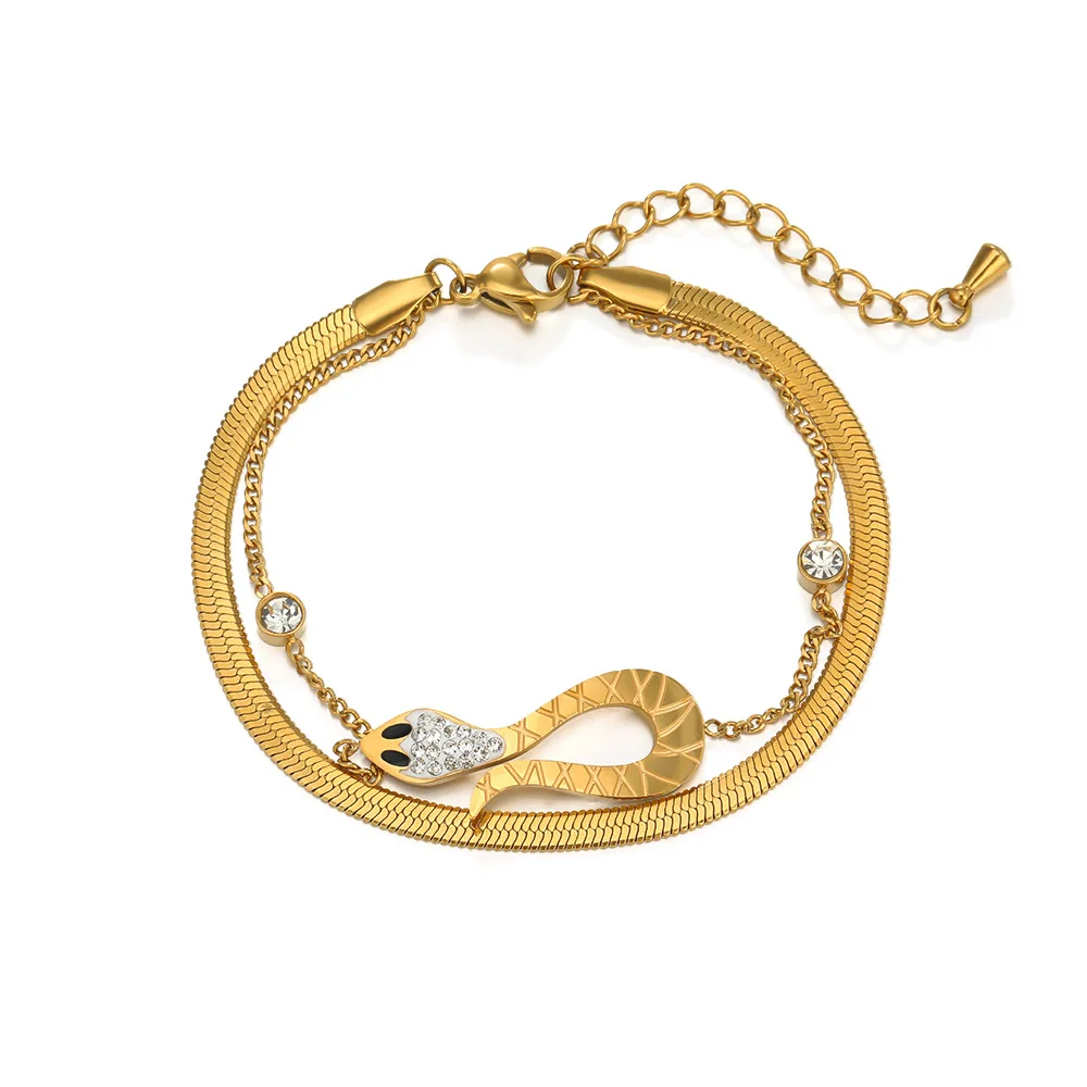 Stylish Serpentine Double Stainless Steel Bracelet With Diamond Zircon 18K Gold Plated Titanium Steel Snake Bone Chain For Ladiy