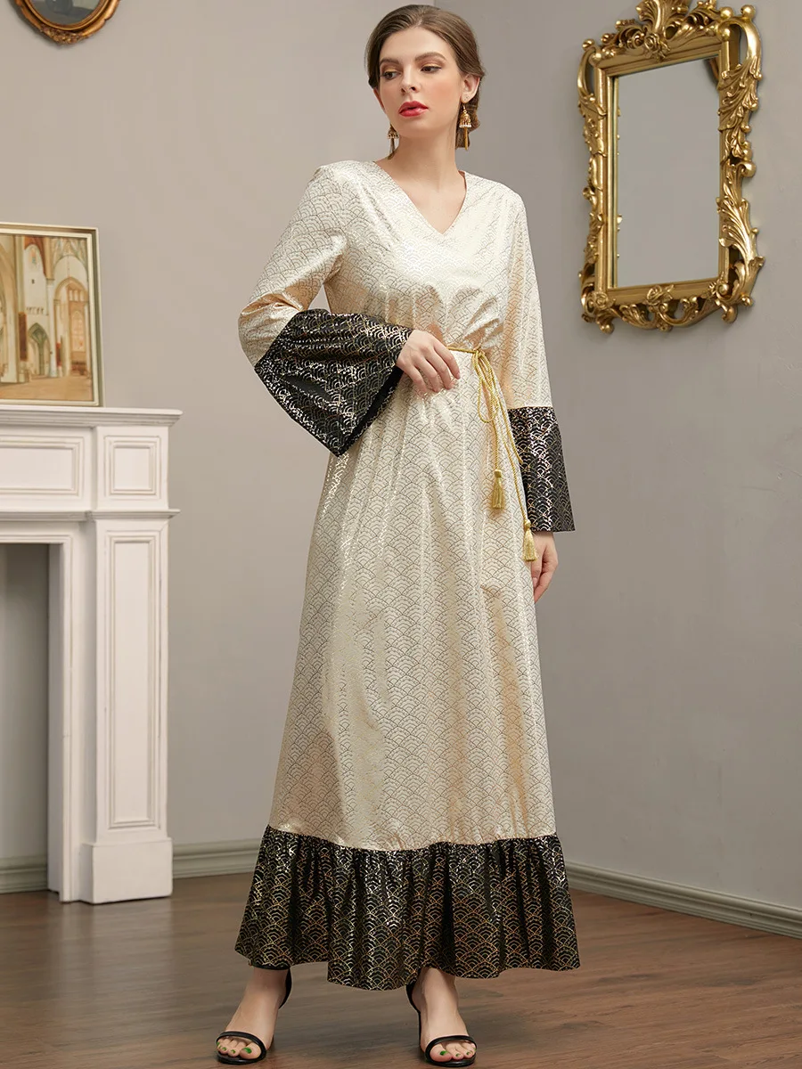 SIPO Women Traditional Muslim Women Abaya Dress Fower Blooming Long Sleeve Maxi Length Cardigan Robe with Sashes Saudi Arab Duba